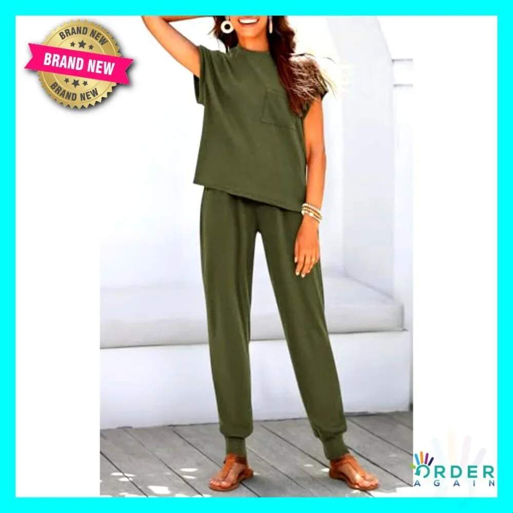 Two Piece Tracksuit Set Short Sleeve Top Long Pants Lounge Sweatsuit Y2K